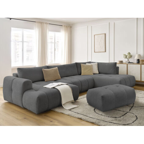 BOBOCHIC - Canapé panoramique convertible FUJI tissu lisse avec pouf Angle gauche  Gris foncé