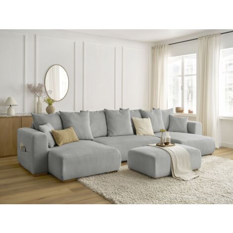 BOBOCHIC - Canapé panoramique convertible réversible coffre SIDONIE velours côtelé avec pouf   Gris clair