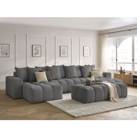Bobochic – Canapé panoramique fixe 440 cm – 6 places – Tissu chiné déperlant – 2 méridiennes et pouf inclus – Confort ultra moelleux