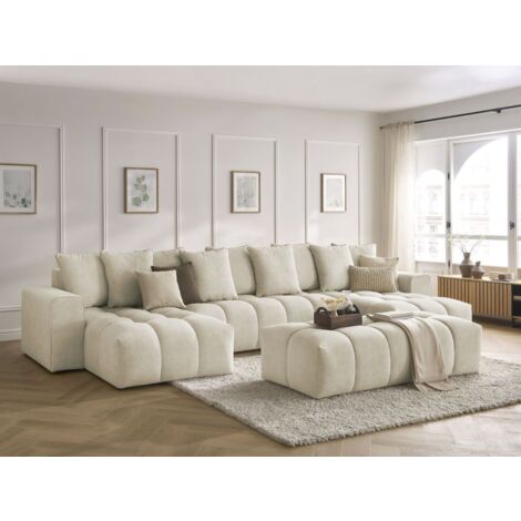Bobochic – Canapé panoramique fixe 440cm 6 places – Velours beige avec pouf – Design moderne et confort moelleux – Structure bois et mousse HD