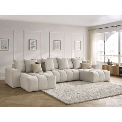 Bobochic – Canapé panoramique fixe 5 places MONT-BLANC – Tissu chiné beige résistant aux liquides – Dimensions 440x172x97 cm – Confort moelleux