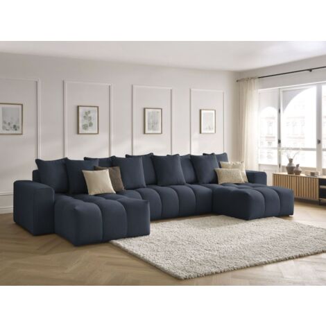 Bobochic – Canapé panoramique fixe 5 places – Tissu chiné bleu foncé – Design moderne avec 9 coussins rembourrés – Dimensions 440x172x97cm