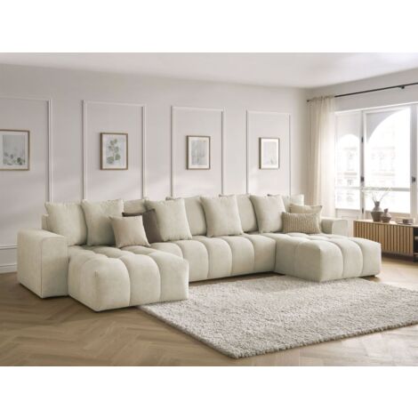 Bobochic – Canapé panoramique fixe 5 places velours beige – Longueur 440cm – Structure bois – Confort optimal avec mousse HD et HR