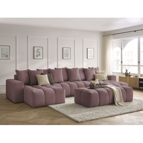 Bobochic – Canapé panoramique fixe 6 places en tissu chiné – Longueur 440cm – Pouf inclus – Style moderne et confortable
