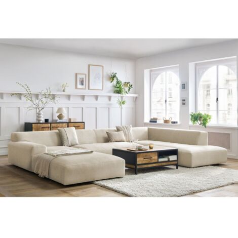 Bobochic – Canapé panoramique fixe 6 places en velours beige – Longueur 399 cm – Largeur 220 cm – Design moderne et épuré