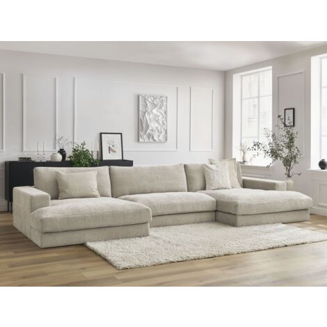 Bobochic – Canapé panoramique fixe 6 places – Tissu texturé beige – Structure en pin et hêtre – Confort moelleux avec coussins en silicone