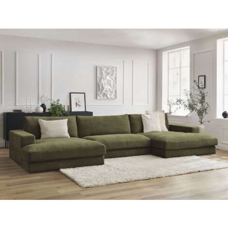 Bobochic – Canapé panoramique fixe 6 places – Tissu texturé vert – Structure en pin et hêtre – Assise moelleuse avec coussins en silicone