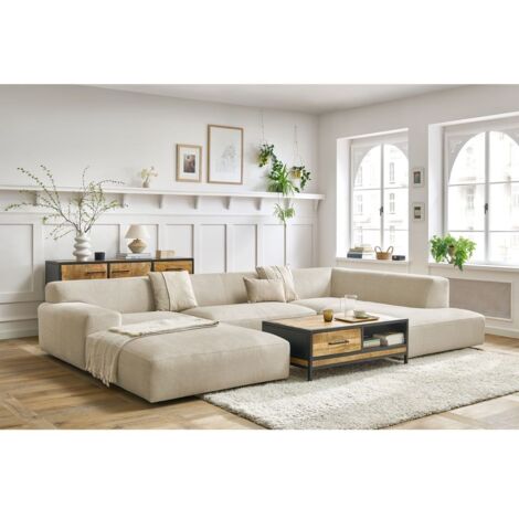 Bobochic – Canapé panoramique fixe 6 places – Tissu velours beige – Longueur 359cm – Design moderne – Fabrication européenne