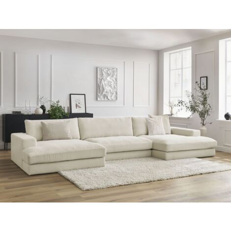 Bobochic – Canapé panoramique fixe 6 places – Velours côtelé beige – Structure en pin et hêtre – Confort moelleux avec coussins en silicone
