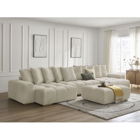 BOBOCHIC - Canapé panoramique fixe ANAKIN tissu bouclette avec pouf   Beige