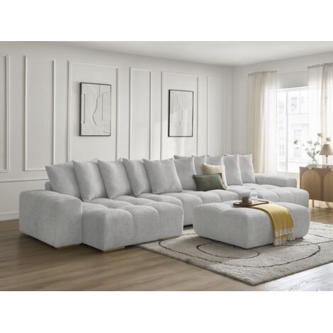 BOBOCHIC - Canapé panoramique fixe ANAKIN tissu bouclette avec pouf   Gris clair