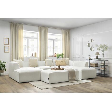 Bobochic – Canapé panoramique fixe avec pouf tissu bouclette – Angle gauche – Longueur 339 cm – Largeur 231 cm – Fabrication Europe – Tissu anti bouloches