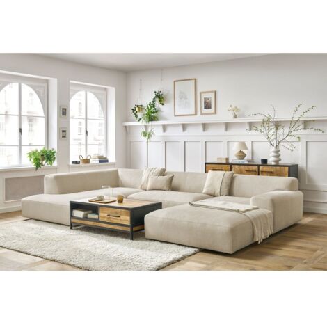 Bobochic – Canapé panoramique fixe compact 6 places – Revêtement velours beige – Longueur 359 cm – Largeur 220 cm – Design moderne et épuré