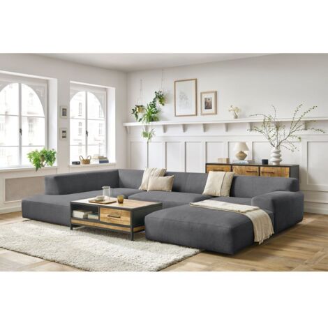 BOBOCHIC - Canapé panoramique fixe compact LAVENA tissu velours Angle droit  Gris foncé