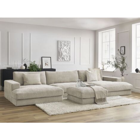 BOBOCHIC - Canapé panoramique fixe compact LEONARD tissu texturé avec pouf   Beige