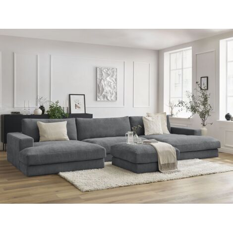 BOBOCHIC - Canapé panoramique fixe compact LEONARD tissu texturé avec pouf   Gris foncé