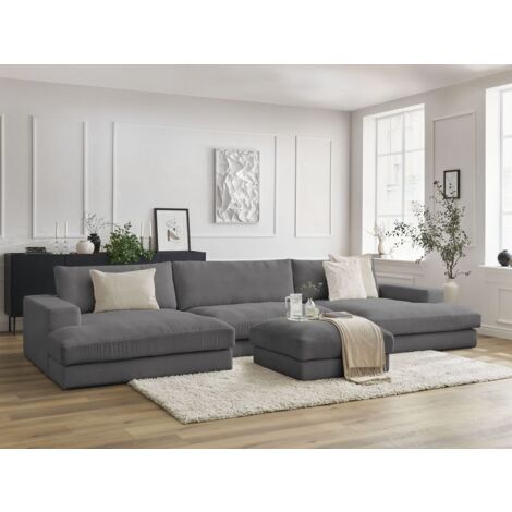 BOBOCHIC - Canapé panoramique fixe compact LEONARD velours côtelé avec pouf   Gris foncé