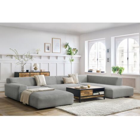 BOBOCHIC - Canapé panoramique fixe LAVENA tissu velours Angle gauche  Gris clair