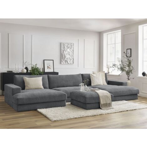 BOBOCHIC - Canapé panoramique fixe LEONARD tissu texturé avec pouf   Gris foncé