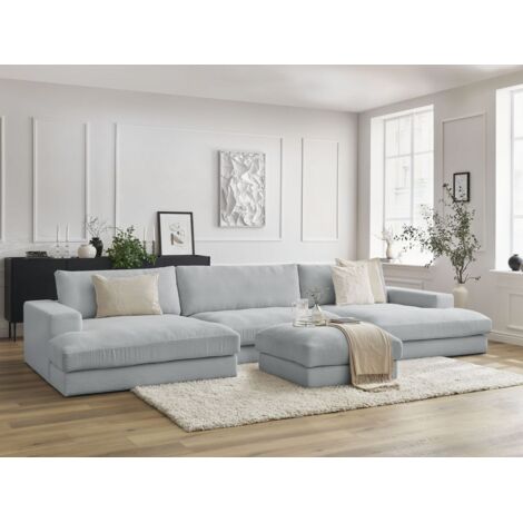 BOBOCHIC - Canapé panoramique fixe LEONARD velours côtelé avec pouf   Gris clair