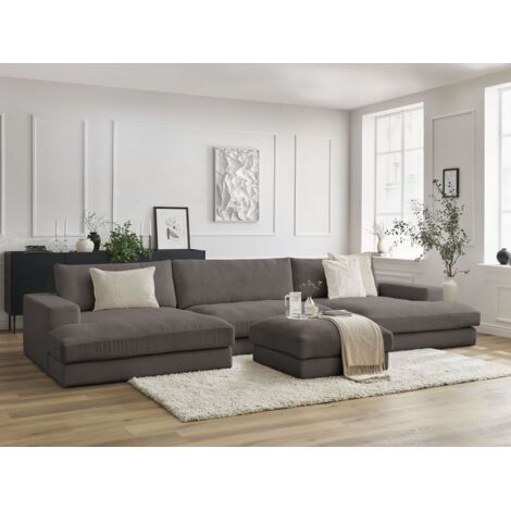 BOBOCHIC - Canapé panoramique fixe LEONARD velours côtelé avec pouf Marron