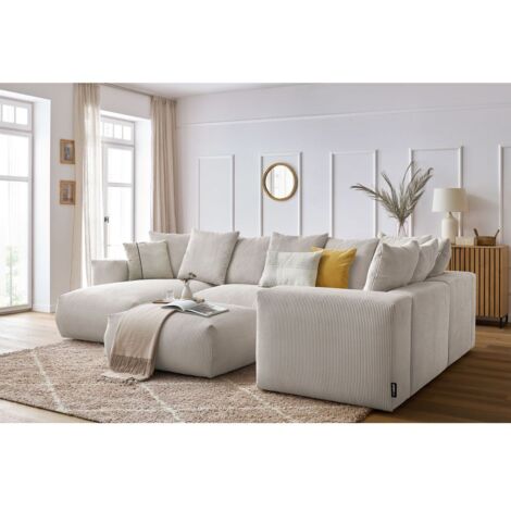 Bobochic – Canapé panoramique fixe modulable VOLTAIRE 6 places – Velours côtelé doux et résistant – Longueur 356 cm – Angle gauche avec méridienne et pouf