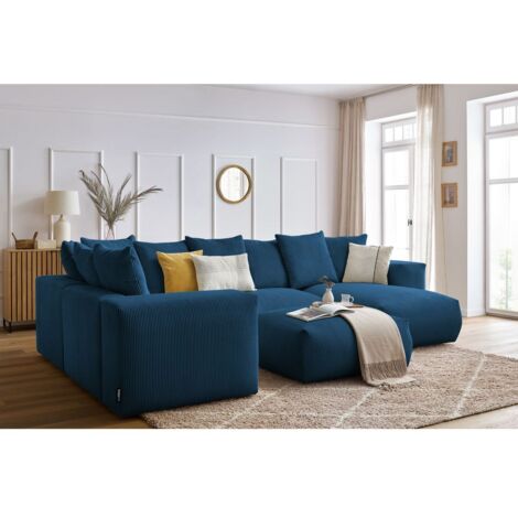 BOBOCHIC - Canapé panoramique fixe modulable VOLTAIRE avec 1 méridienne, 1 angle, 2 chauffeuses et 1 pouf Angle droit  Bleu foncé