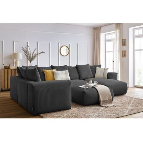 BOBOCHIC - Canapé panoramique fixe modulable VOLTAIRE avec 1 méridienne, 1 angle, 2 chauffeuses et 1 pouf Angle droit  Gris foncé