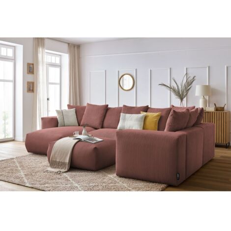 BOBOCHIC - Canapé panoramique fixe modulable VOLTAIRE avec 1 méridienne, 1 angle, 2 chauffeuses et 1 pouf Angle gauche  Rose