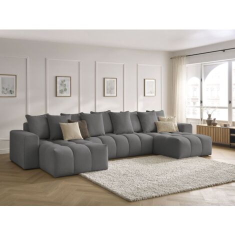 Bobochic – Canapé panoramique fixe MONT-BLANC 5 places – Tissu chiné gris foncé – Design moderne avec 2 méridiennes – Confort équilibré