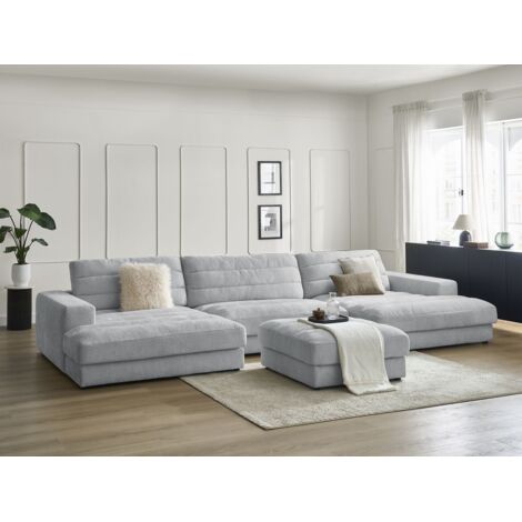 BOBOCHIC - Canapé panoramique fixe SIERRA tissu texturé avec pouf   Gris clair