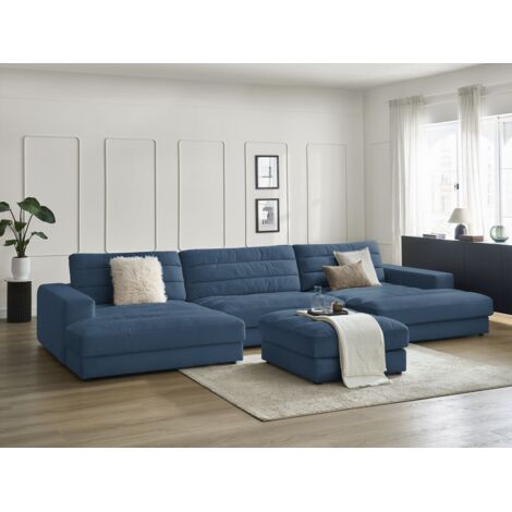 BOBOCHIC - Canapé panoramique fixe SIERRA velours avec pouf   Bleu foncé