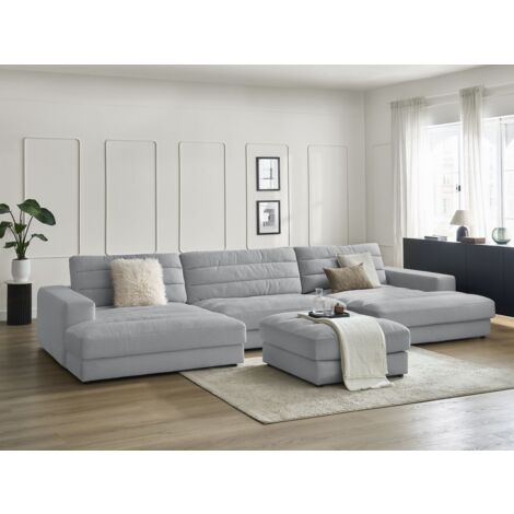 BOBOCHIC - Canapé panoramique fixe SIERRA velours avec pouf   Gris clair