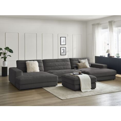 BOBOCHIC - Canapé panoramique fixe SIERRA velours avec pouf   Noir