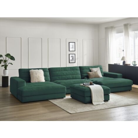 BOBOCHIC - Canapé panoramique fixe SIERRA velours avec pouf Vert foncé