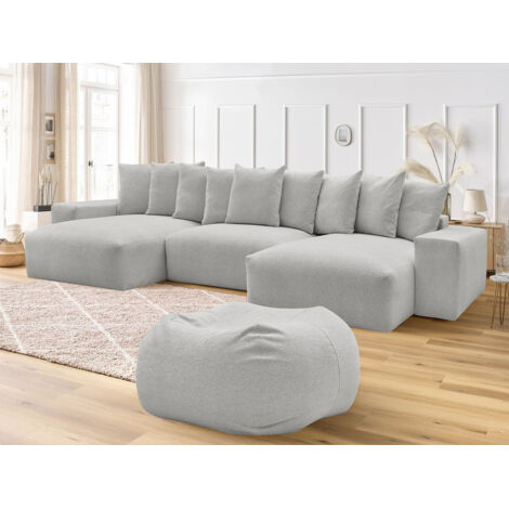 BOBOCHIC - Canapé panoramique fixe VOLTAIRE tissu chiné avec pouf   Gris clair