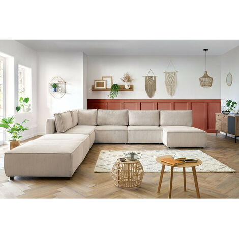 Bobochic – Canapé panoramique modulable 5 places – Tissu velours côtelé – 3 chauffeuses, 1 angle, 1 méridienne, 2 poufs – Style vintage – Longueur 390 cm