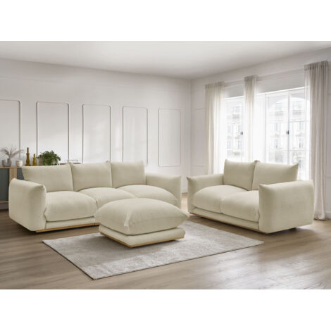 BOBOCHIC - Ensemble canapé droit fixe 3 + 2 places ERNEST tissu bouclette avec pouf Beige