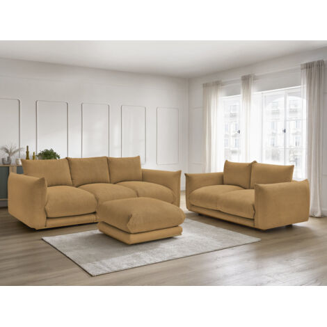 BOBOCHIC - Ensemble canapé droit fixe 3 + 2 places ERNEST tissu velours côtélé avec pouf   Jaune