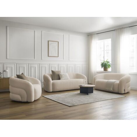 Bobochic – Ensemble canapé droit fixe 3 + 2 places – Fauteuil pivotant – Tissu bouclette beige – Structure bois robuste – Longueur 346cm – Style moderne