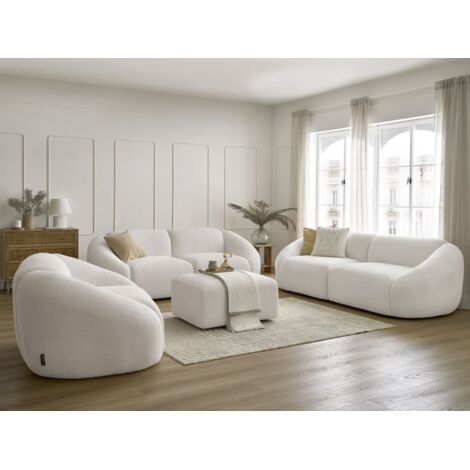 BOBOCHIC - Ensemble canapé droit fixe 3 + 2 places + fauteuil TINA tissu bouclette avec pouf   Blanc