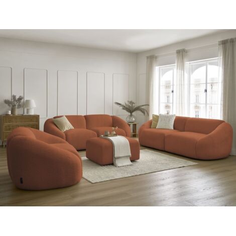 BOBOCHIC - Ensemble canapé droit fixe 3 + 2 places + fauteuil TINA tissu bouclette avec pouf Orange