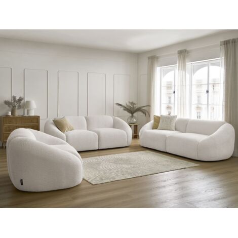 Bobochic – Ensemble canapé droit fixe 3 + 2 places + fauteuil TINA – Tissu bouclette blanc – Longueur 630cm – Style moderne – Densité assise 35kg/m3