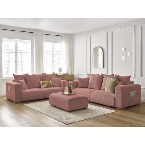 BOBOCHIC - Ensemble canapé droit fixe 3 + 2 places SIDONIE velours côtelé avec pouf   Rose