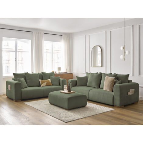 BOBOCHIC - Ensemble canapé droit fixe 3 + 2 places SIDONIE velours côtelé avec pouf   Vert