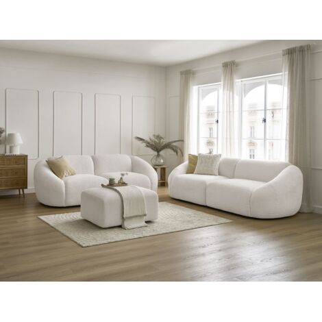 BOBOCHIC - Ensemble canapé droit fixe 3 + 2 places TINA tissu bouclette avec pouf   Blanc