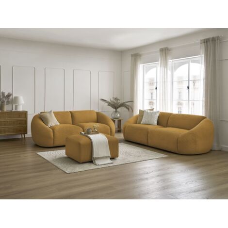 BOBOCHIC - Ensemble canapé droit fixe 3 + 2 places TINA velours côtelé avec pouf   Jaune