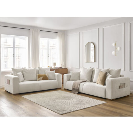 Bobochic – Ensemble canapé droit fixe 3 + 2 places – Tissu chiné beige – Large accoudoirs modernes – Garnissage mousse HD et ouate