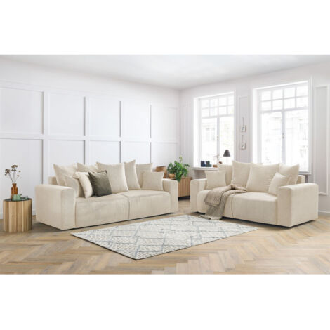 Bobochic – Ensemble canapé droit fixe 3 + 2 places velours côtelé beige – Longueur 450cm – Largeur 100cm – Hauteur 95cm – Style bord de mer
