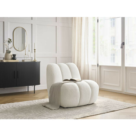 Bobochic – Fauteuil relax moderne en tissu bouclette blanc – Structure en bois massif pin et hêtre – Suspension ressorts zigzag pour confort optimal